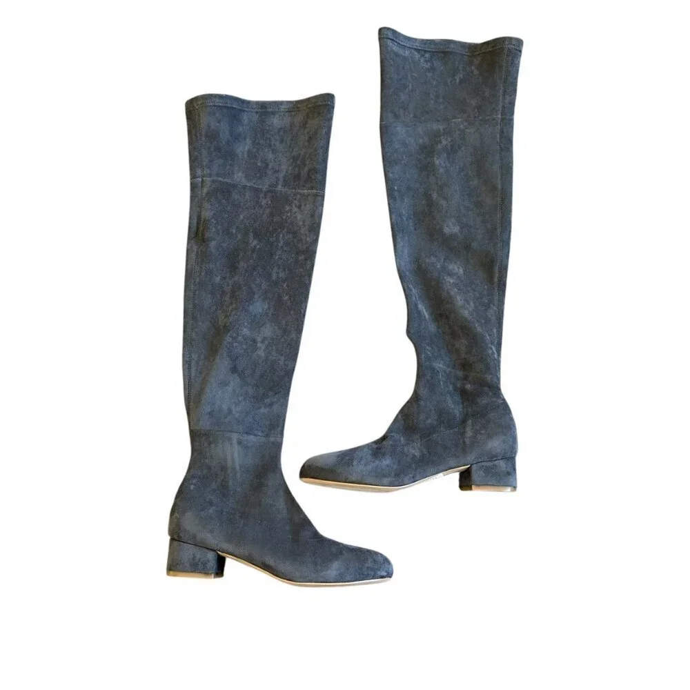 Anthropologie Grey Suede OTK Over The Knee Boots Low Heel Round Toe Size 6 Women